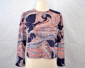 1960s Vintage Nouveau Revival Floral Jersey Knit Crop Top Shirt  Psychedelic - Extra Small to Small