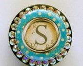 Personalized Retractable ID Badge Reel - Vintage Teal Type Key Monogram with Swarovski Crystals