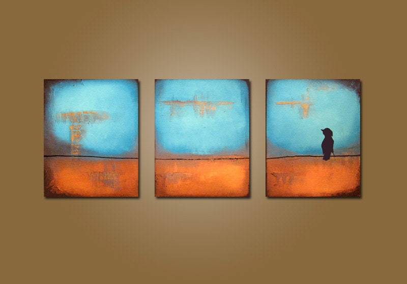 Crow on a Wire - HUGE 48 x 20, Textured, ORIGINAL, Contemporary Abstract Nature Earth Bird PAINTING Art