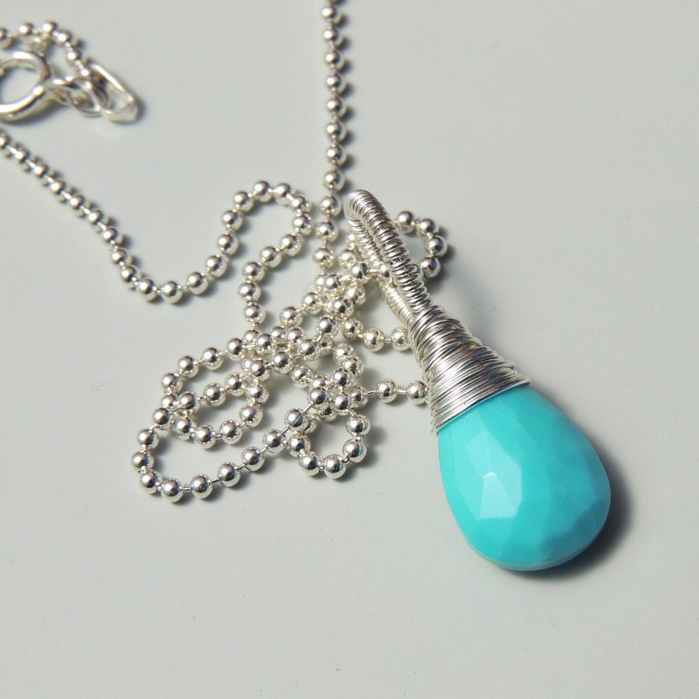 Turquoise Necklace Sterling Silver Wire Wrapped Briolette Pendant Summer Necklace