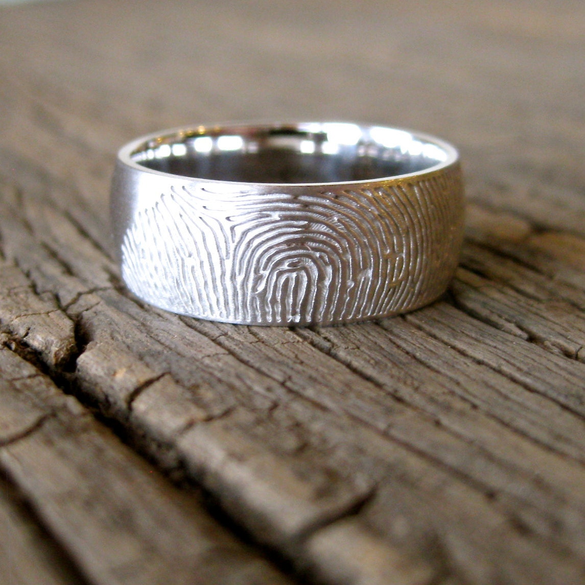 Custom Made Finger Print Wedding Ring in 14K White Gold with Convex Profile and Satin Finish Size 9.5/8mm
