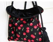 Vintage Style Reversible Handbag Retro Cherries Print and Black Velvet