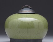 Raku ceramic Jar with lid,Olive green,Raku Fired Covered Jar, home decor,handmade jar,art pottery,small urn