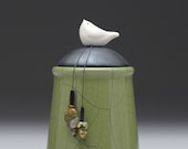 Ceramic jar with Bird olive green pottery jar , home decor,Little Clay Bird on Jar, raku fired art pottery