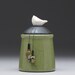 Ceramic jar with Bird olive green pottery jar , home decor,Little Clay Bird on Jar, raku fired art pottery