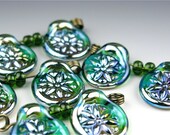 Handmade glass bead pair /  Glass Medallions / Teal with silver glass