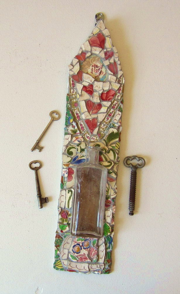Mosaic Vase Red Hearts and Flowers Vintage Glass Bottle