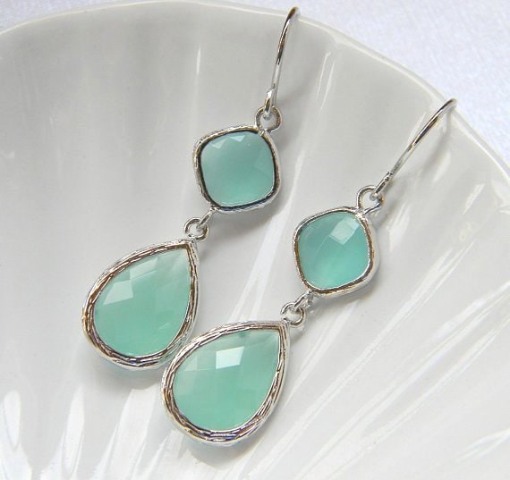 Aqua Mint Earrings - Blue Ice Earrings - Flirty Dangle Bridesmaid Earrings - Silver Framed Earrings - Bohemian Earrings - Boho Chic Earring