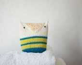Crocheted Owl Crinkle Baby Toy Amigurumi White Sea Blue Neon Yellow Green Stripes Cotton - Made to order -OOAK - Summer Snow Owl