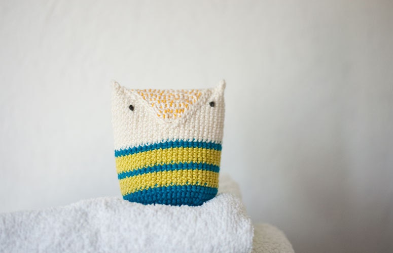 Crocheted Owl Crinkle Baby Toy Amigurumi White Sea Blue Neon Yellow Green Stripes Cotton - Made to order -OOAK - Summer Snow Owl