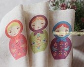 Hand Printed Linen Fabric, DIY Home Decor Fabric - Matryoshka Russian Dolls Nesting Dolls (1 Set Of 3 Pcs, 4"x4")