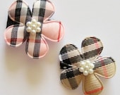 SPRING SALE Baby Hair Bow Clips - Pair of Plaid Flowers with Cluster of Pearls - Baby Snap Clips - Babies, Infants, Toddlers, Girls