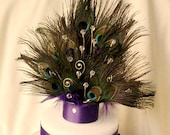 Custom Peacock Feather Crystals Cake Topper by AmoreBride Silver swirls plum purple Bridal Wedding reception Accessories Made to Order Blue