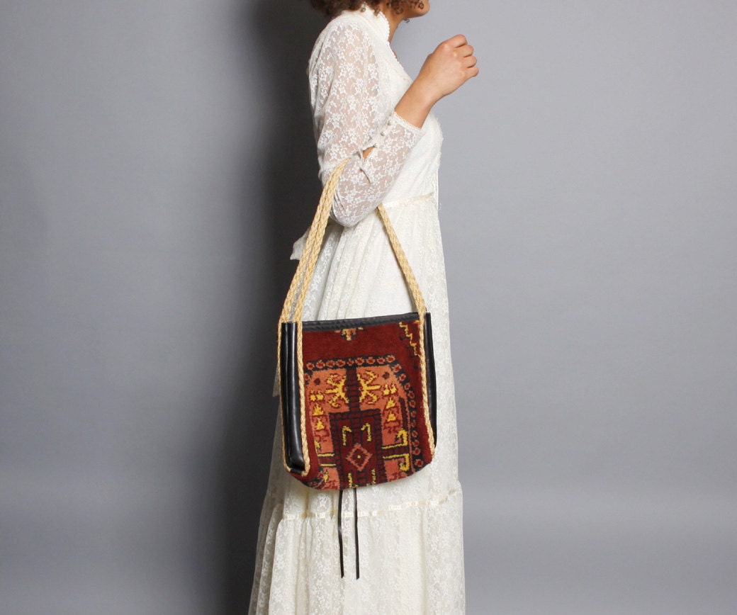 1960s Lee STEMER CARPET BAG / Rope Handle Fringed Chenille Purse