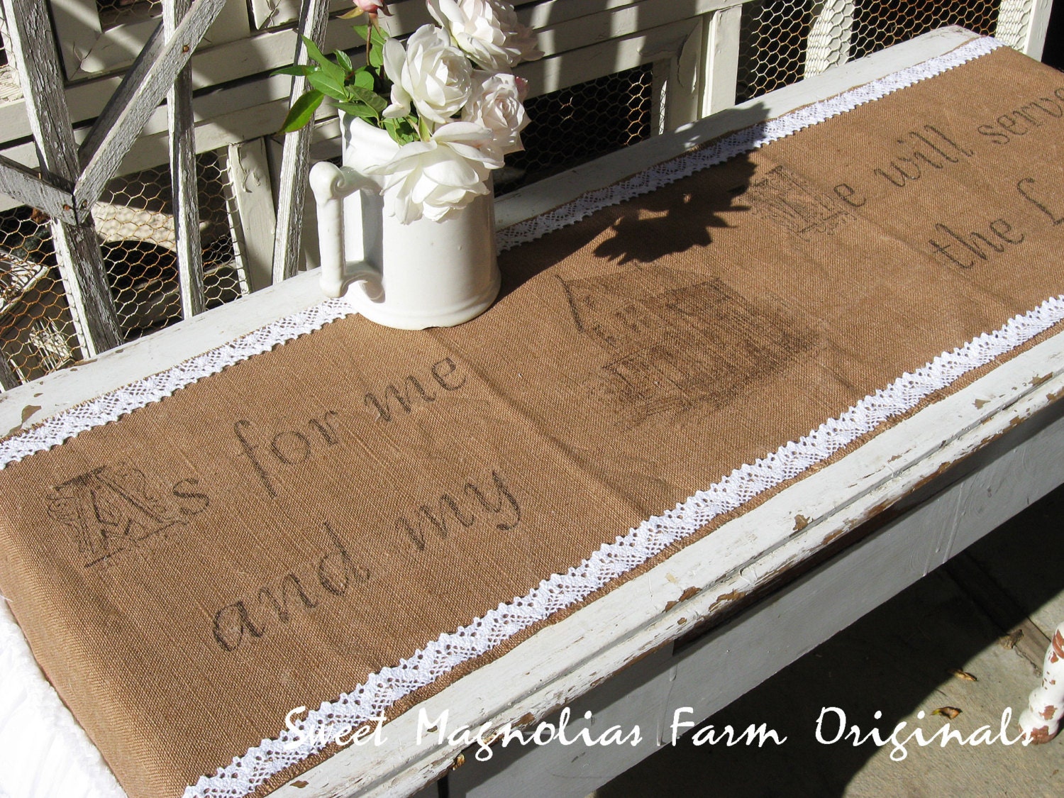 Burlap Table Runner - "As for me and My House We Will Serve The Lord" - Farmhouse -Triple White Ruffles -  By:Sweet Magnolias Farm