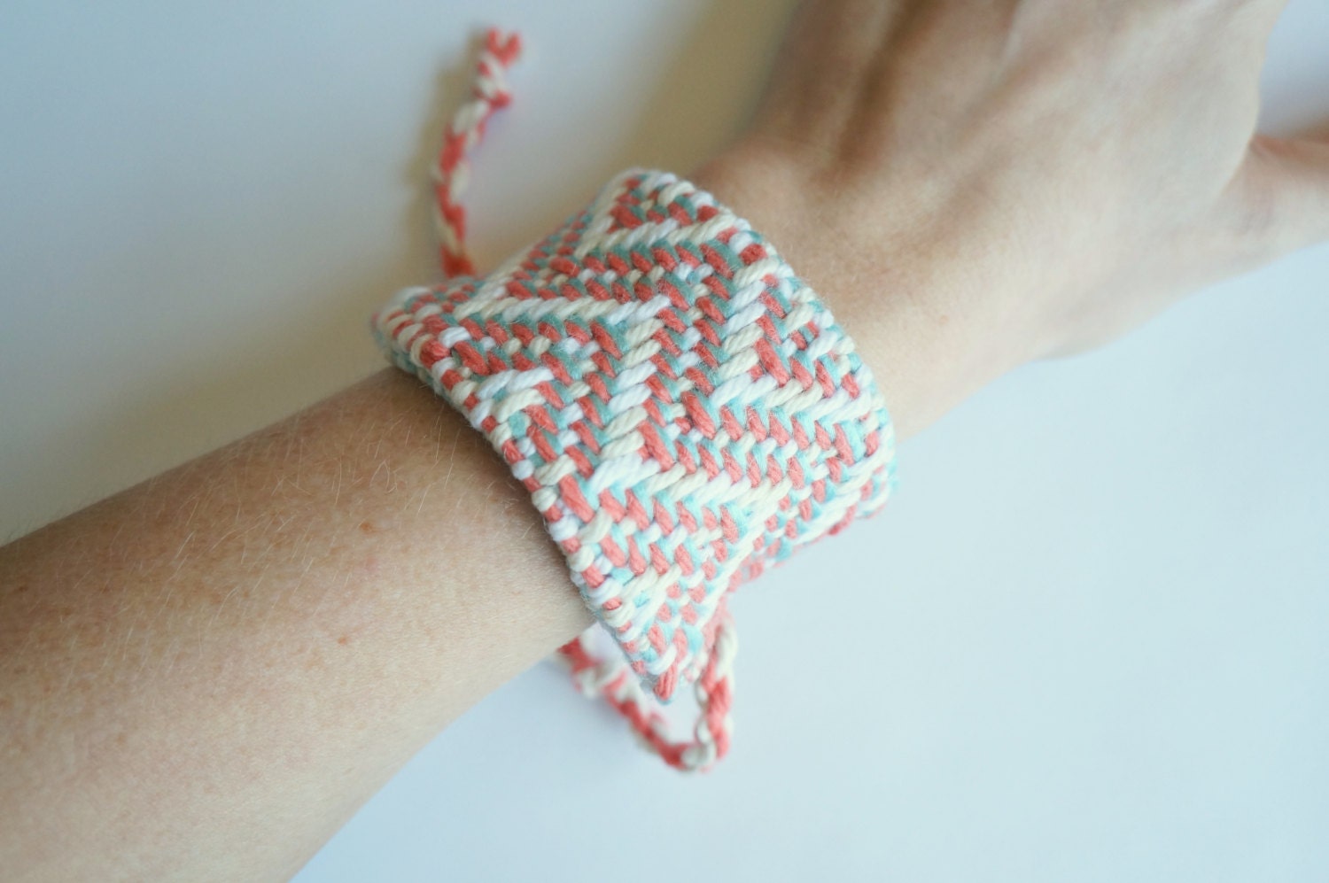 Handwoven Coral, Aqua, and White Chevron Cuff Bracelet
