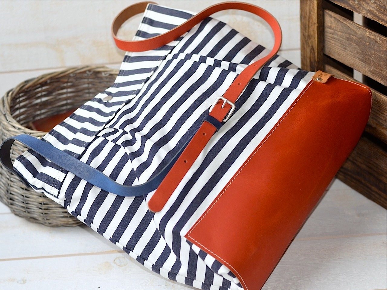 Leather Messenger bag STOCKHOLM Navy blue and white geometric nautical striped  Leather / Featured on The Martha Stewart
