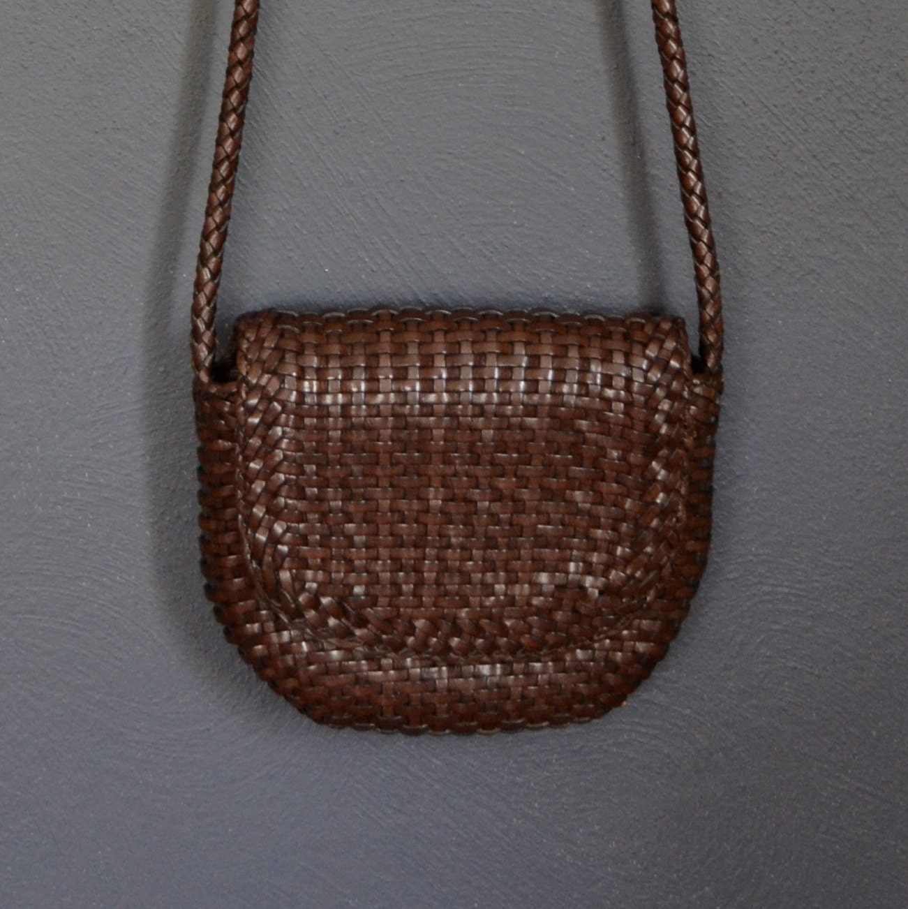 1990s Brown Leather Mini Bag / Woven Cross Body Purse
