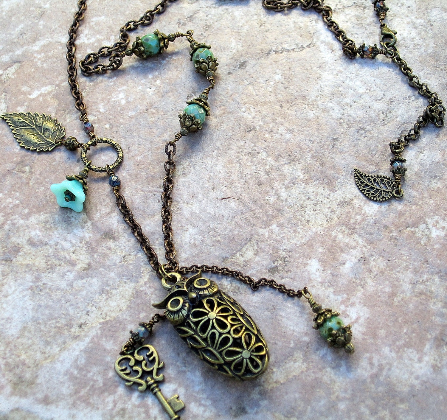 Necklace for Her, Filigree Owl Necklace, Czech Glass beads, Antiqued Bronze Finish