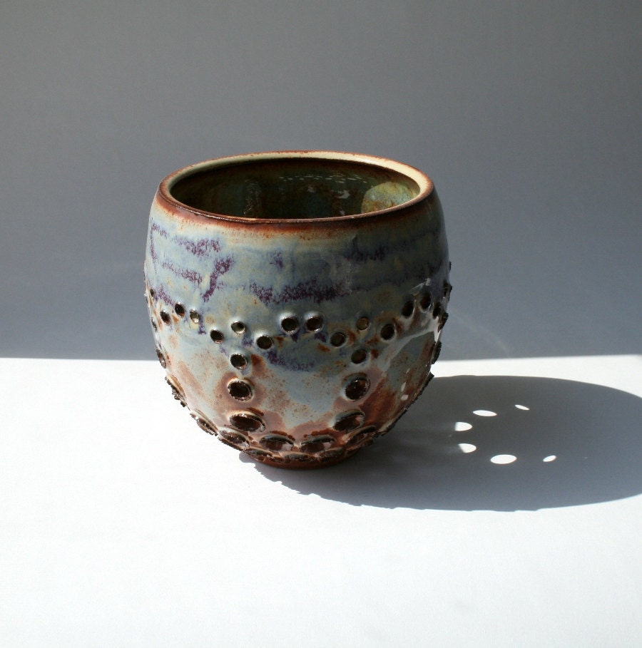 Multicolored Pierced Stoneware Vessel - Dramatically Pierced, textured, Patterned Pottery/ Ceramics