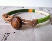 COOPER bracelet - textile, leather, vintage button closure (forest mango parakeet ecru apple), handmade jewelry