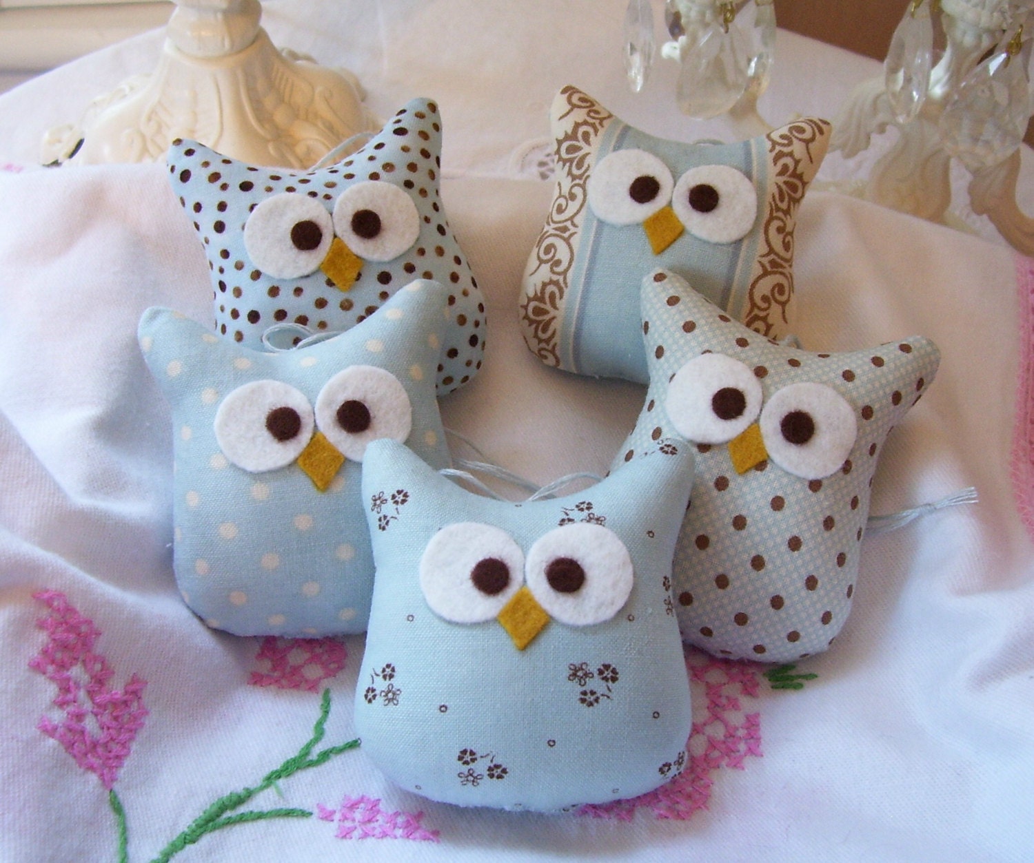 Owls...Five Little Blue and Brown Stuffed Owl Ornaments