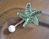 Belly Button Jewelry Ring- Starfish Shell Star Fish Stud Pearl Navel Piercing Emerald Sea Foam Seafoam Green Bar Barbell