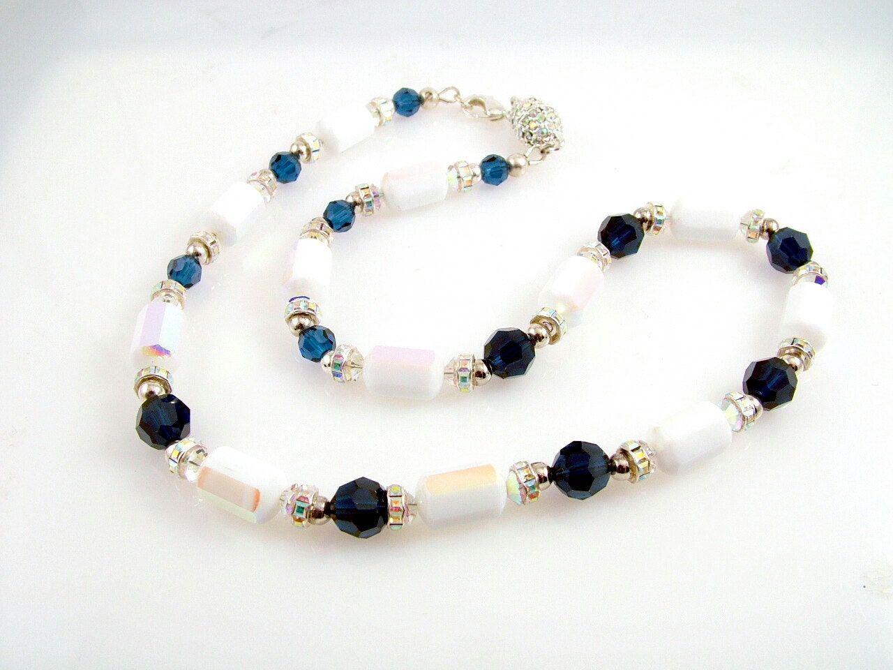 Swarovski Navy and White Beaded Handmade Necklace, Dark Sapphire, Chalk White AB SS