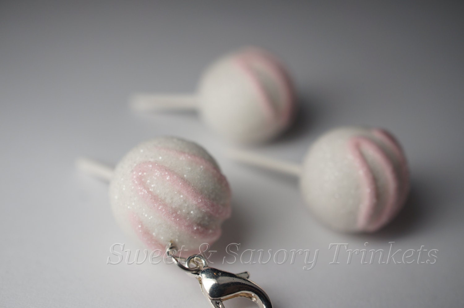 White and Pink Cake Pop Charm, Miniature Food Jewelry, Polymer Clay Food.