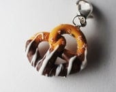Chocolate Dipped Pretzel Pendant Charm, Miniature Food Jewelry, Polymer Clay Food Charm