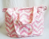 READY TO SHIP - Chevron diaper bag with zippered closure - Pink chevron baby bag - zig zag medium weekender