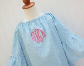 NEW...The Jillian...Sophisticated Monogrammed Seersucker Dress with Ruffle Flared Sleeves-Size 3,6,9,12,18 months,2,3,4,5,6,7/8,9/10,11/12