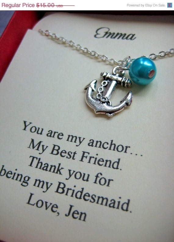 30% SALE Anchor Bridesmaids Gift Necklace, Free Personalized Card Jewelry Box. Other Pearl Color Available.