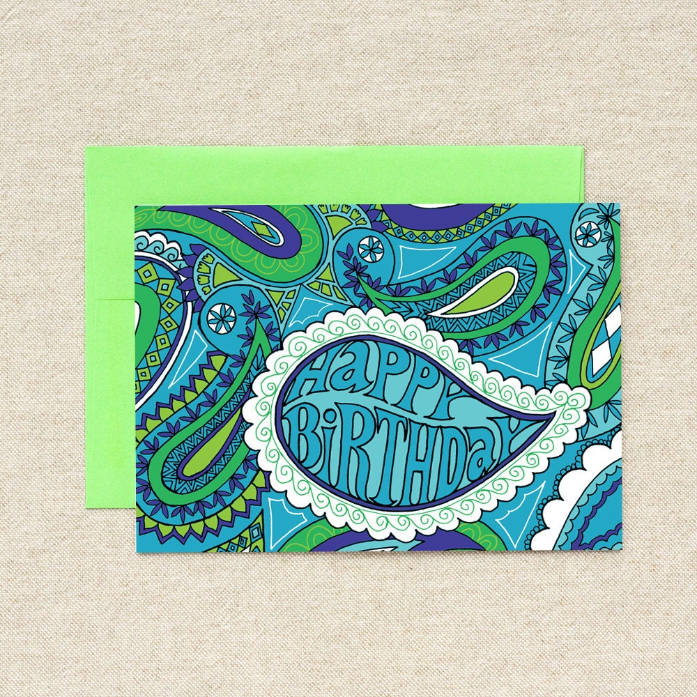 Happy Birthday Blue Paisley - single blank card