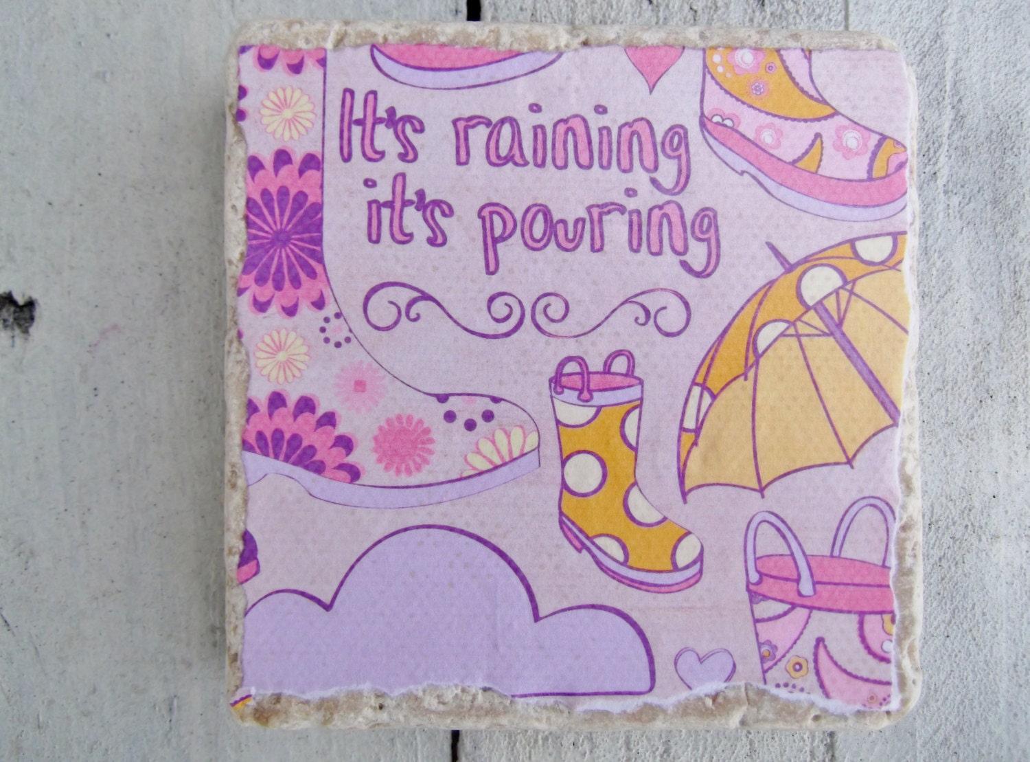 Coasters, Fun Spring Summer BOOTS coaster set - Fun set of Turkish travertine tumbled stone coasters - Pretty Umbrella rain clouds golashes
