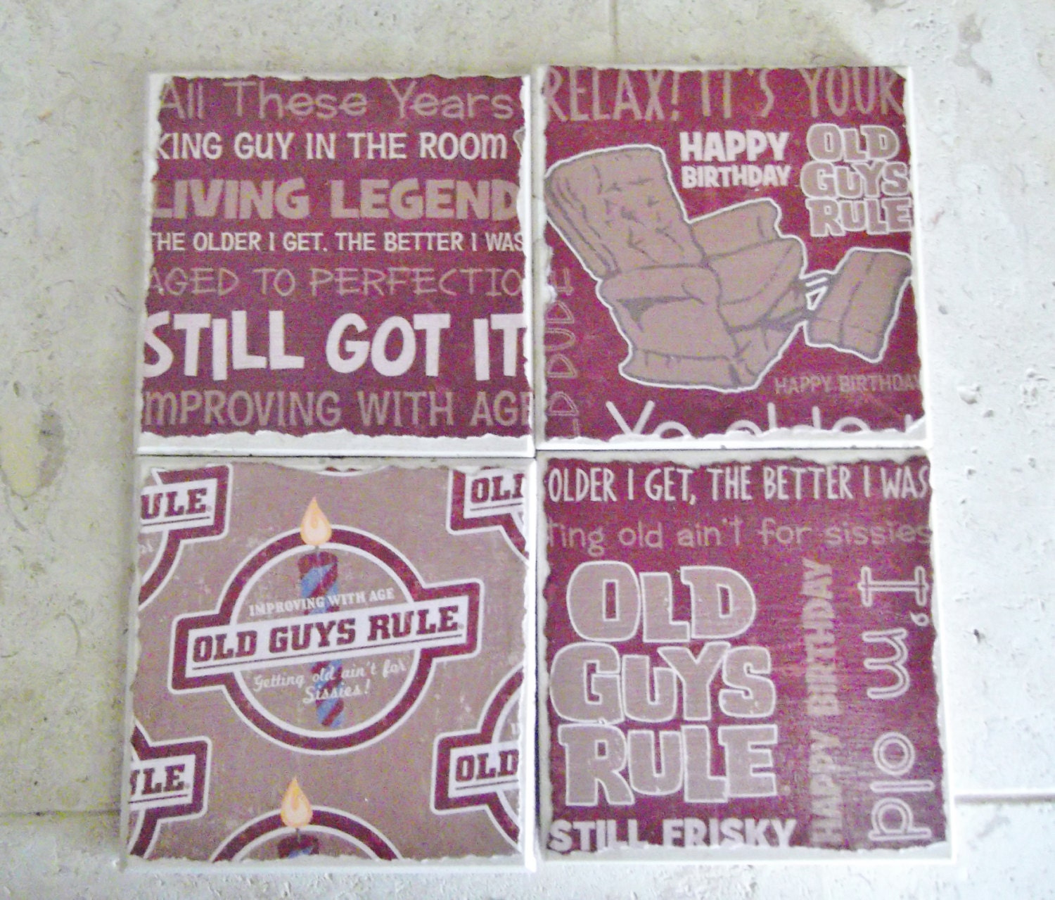 Men's birthday,over the hill gift, 50th, Stone Coaster Set- Rustic Turkish travertine tumbled stone coasters with funny 'old' guy sayings
