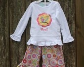 Whimsical Wide Leg Ruffle Pants with Mod Bird Applique Shirt