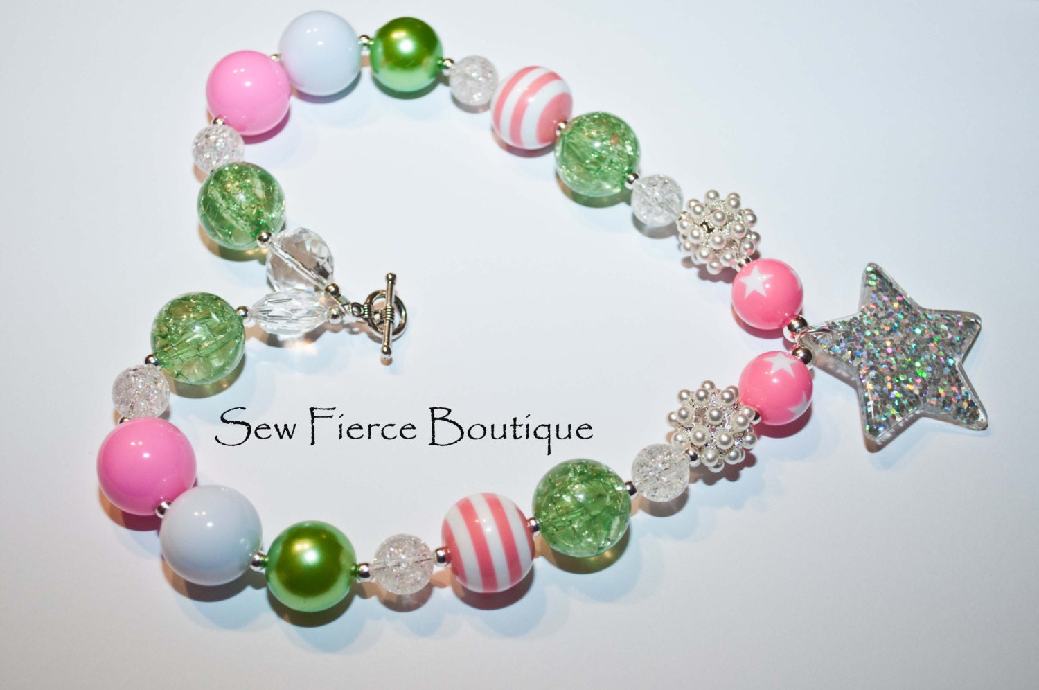 Girls Sparkle Pink Green Chunky Necklace
