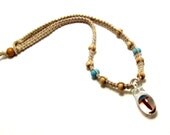 Light Blue & Red Glass Mushroom Hemp Necklace with Natural Wood Beads