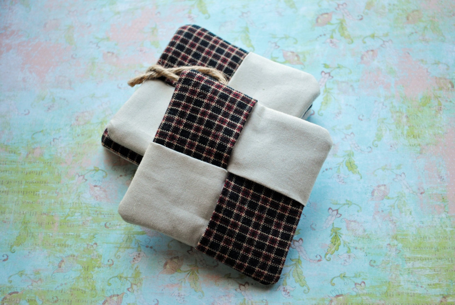 Set of 4 Quilted Origami Fabric Coasters - Cabin Chic Plaid - Ready to Ship