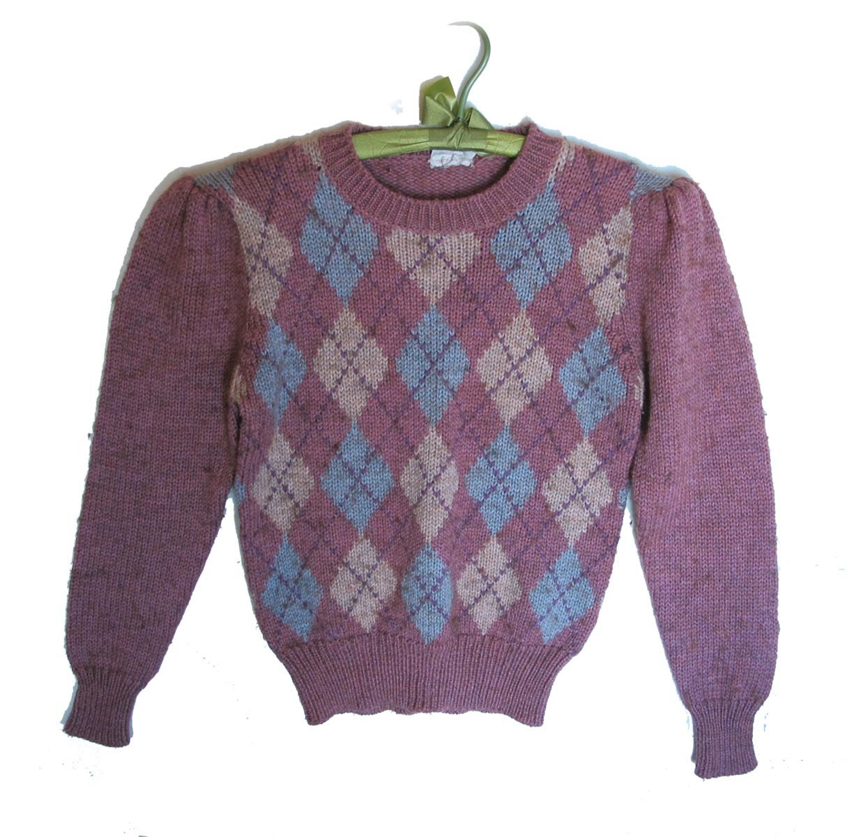 70s Crazy Horse Argyle Puff Sleeve Sweater, Hipster Sweater Mauve Blue, Pullover Jumper Small, medium