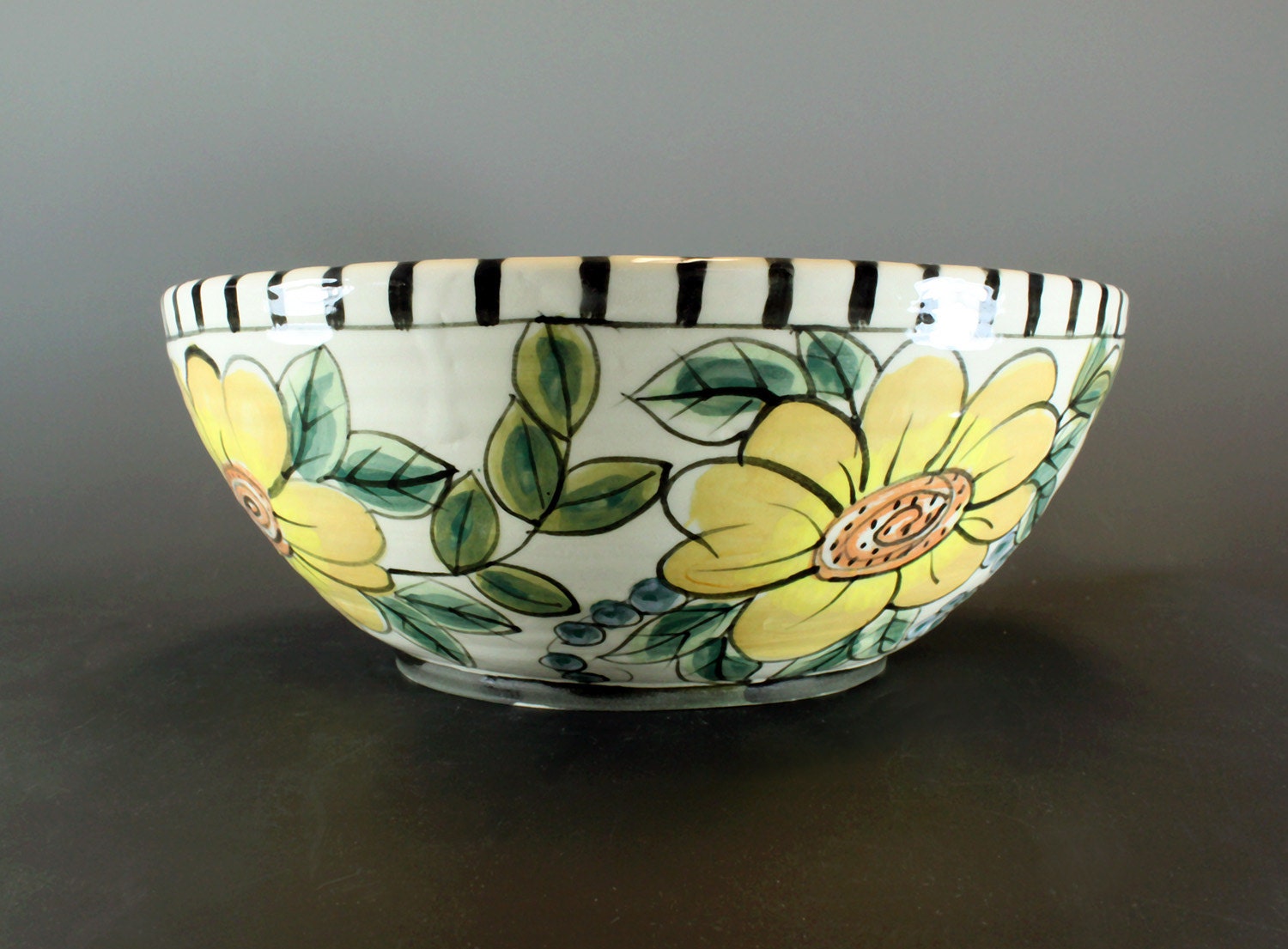 Yellow Flowered Bowl with Black and White Striped Rim