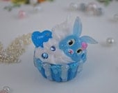 Glitter Striped Blue Bunny Heart Cupcake Necklace