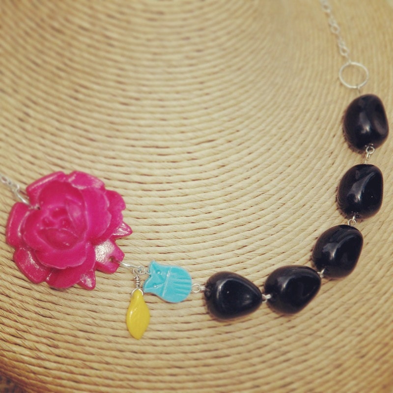 Teal Owl and Pink Flower Necklace