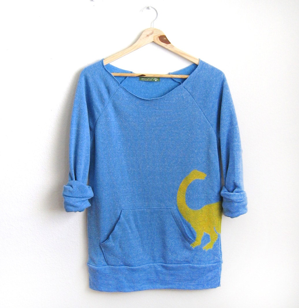 Yellow Dino HAND STENCILED Deep Scoop Neck Heather Artist Series Sweatshirt in Blue - S M L XL