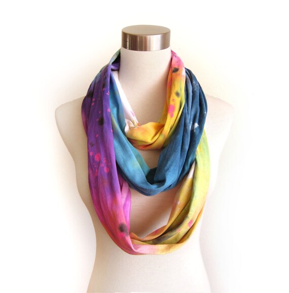 The Original "Splash Dyed" Hand PAINTED Slouchy Jersey Circle Scarf in White Spectrum Rainbow