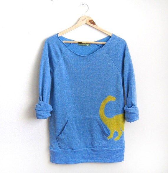 Yellow Dino HAND STENCILED Deep Scoop Neck Heather Artist Series Sweatshirt in Blue - S M L XL