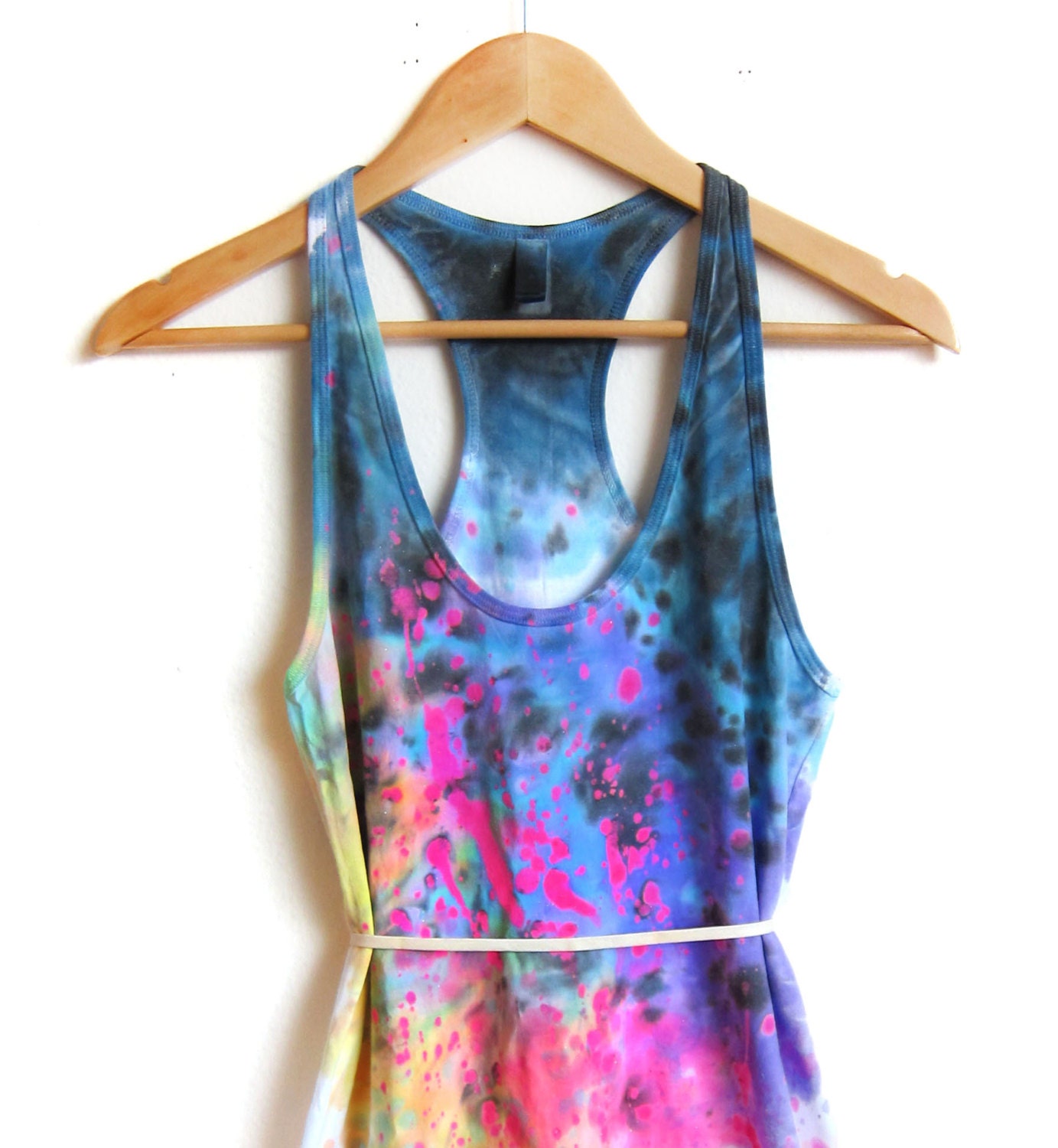 The Original "Splash Dyed" Hand PAINTED Scoop Neck Racerback Tunic Tee Dress in White Spectrum Rainbow - XS S M L