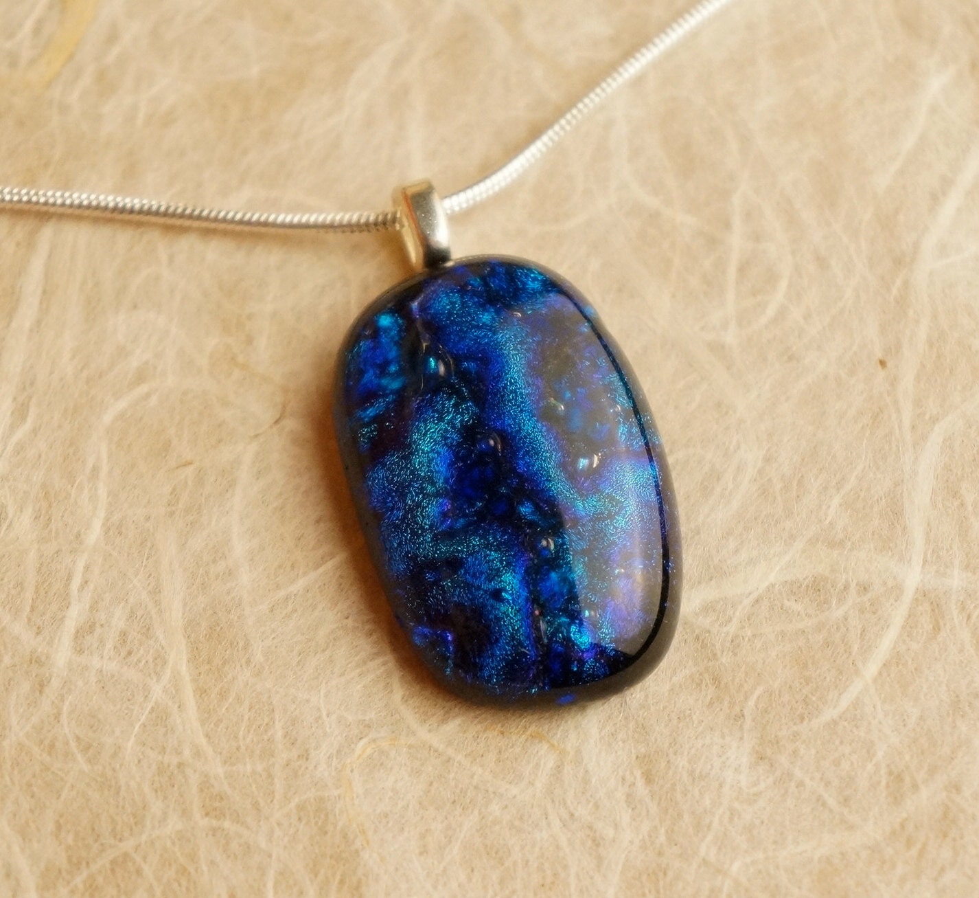 New Handmade Dichroic Silver Glass Pendant Necklace