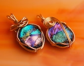 CLeArAnCe - 2 LOT Handmade Dichroic Fused Glass Pendant Necklaces ...gold wire wrapped...